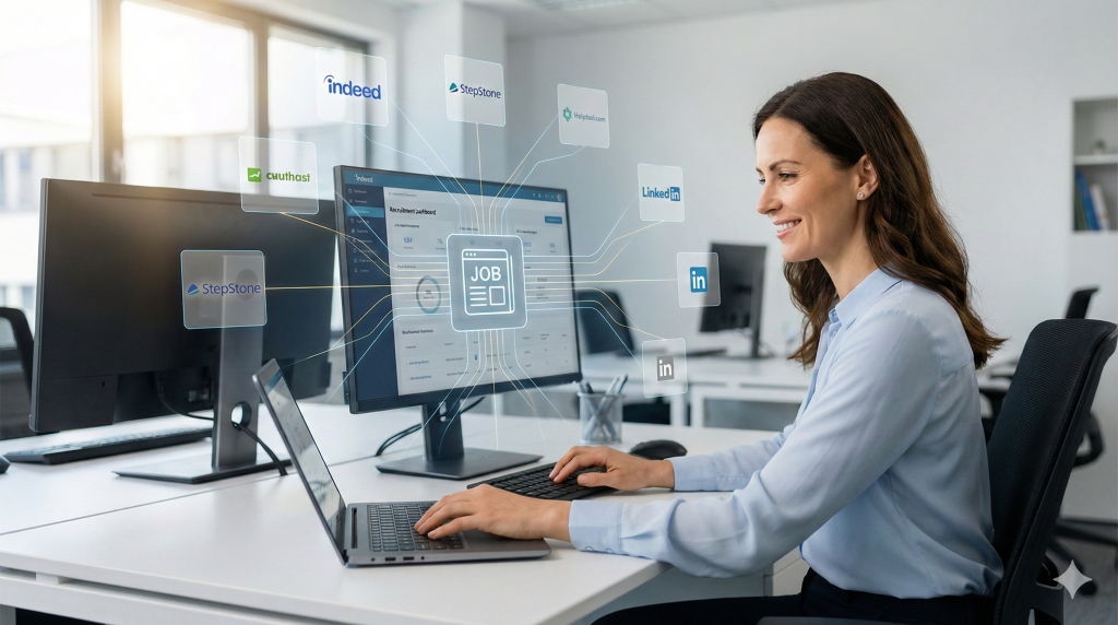 Multiposting: Ein Klick, Präsenz auf allen Jobbörsen Recruiterin am Laptop nutzt Multiposting-Software, um eine Stellenanzeige zentral gesteuert auf Plattformen wie Indeed, StepStone und LinkedIn zu verteilen.