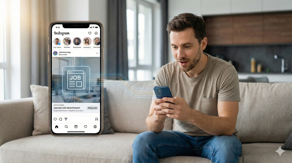 Performance Recruiting: Jobs direkt im Social Media Feed Mann auf dem Sofa entdeckt Job-Anzeige auf seinem Smartphone via Instagram – Visualisierung der direkten Kandidatenansprache durch Performance Recruiting.