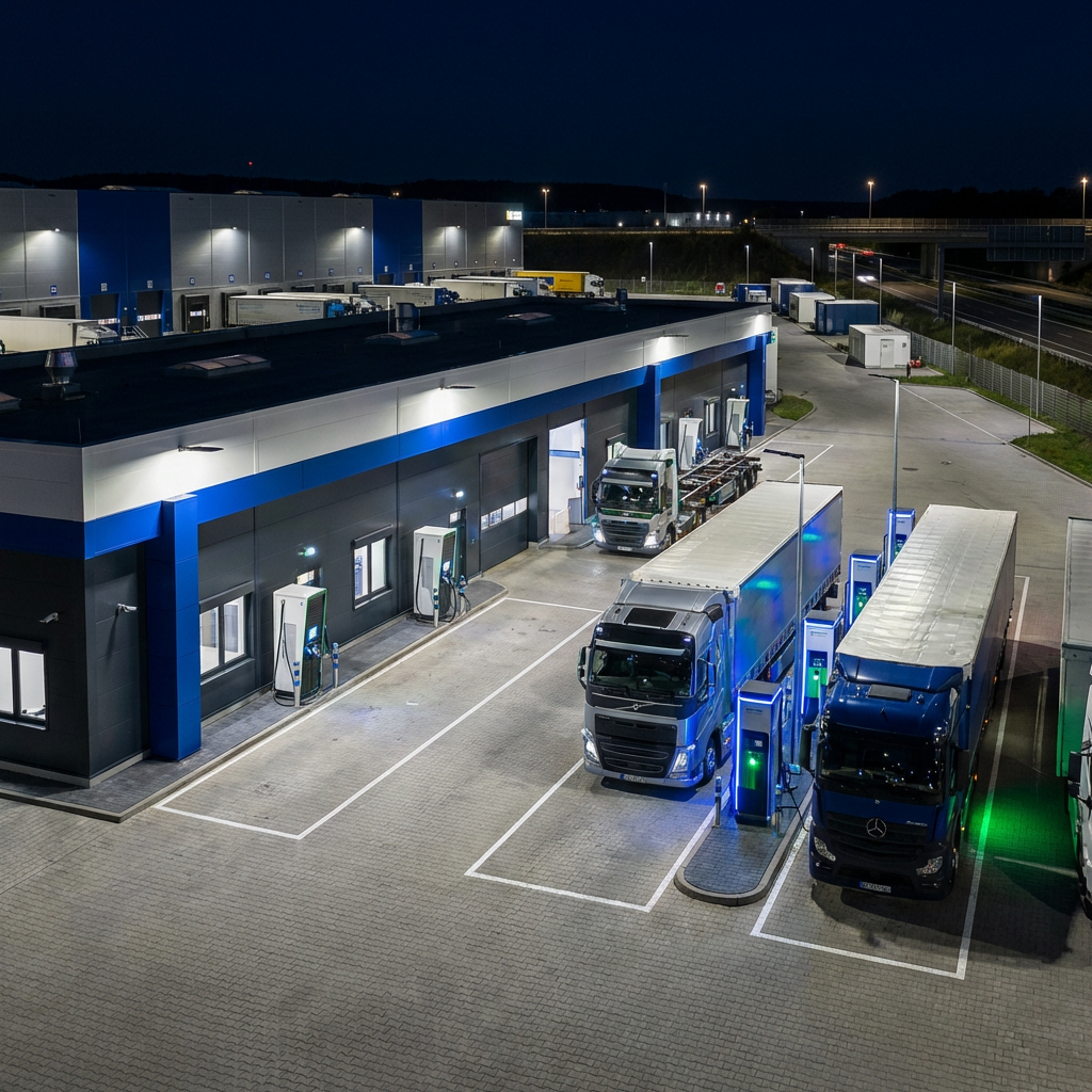 Modernes Logistikdepot mit mehreren E-LKW an Ladesäulen, nächtliche Aufnahme, professionelle Industriefotografie-Ästhetik, Ladestatusanzeigen sichtbar