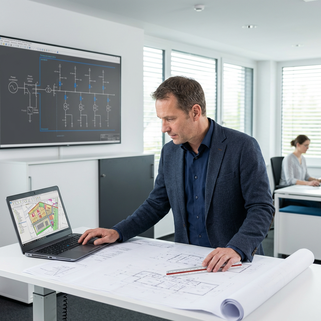 Technischer Planer mit Laptop und Grundrisszeichnung eines Logistikdepots, Netzanschlussschema im Hintergrund, professionelle Büroatmosphäre