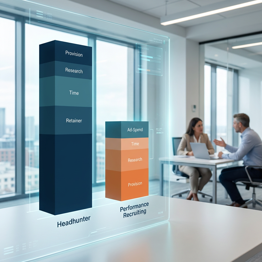 Balkendiagramm-Vergleich der Gesamtkosten pro Besetzung: Headhunter (dunkelblau, hoch) vs. Performance Recruiting (orange, deutlich niedriger), mit Beschriftung der Kostenpositionen