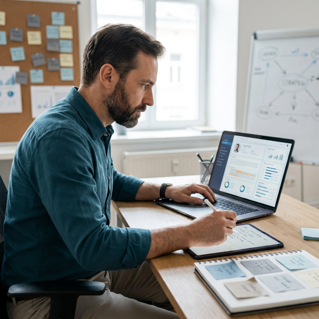 Nahaufnahme eines Recruiters am Laptop, der ein detailliertes Kandidatenprofil analysiert, mit Notizen und Post-its im Hintergrund, konzentrierte Arbeitsatmosphäre