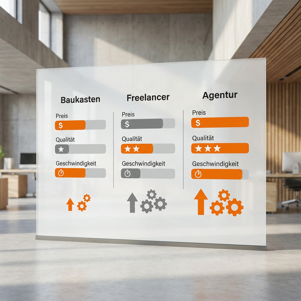 Vergleichsdiagramm der drei Anbietertypen Baukasten, Freelancer und Agentur mit Bewertungsbalken für Preis, Qualität und Geschwindigkeit, klare visuelle Darstellung für KMU-Entscheider