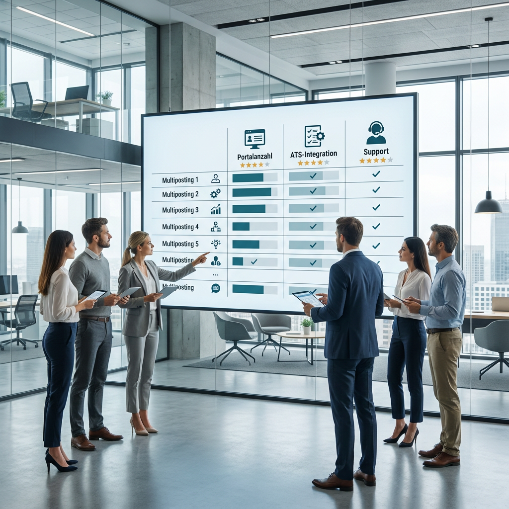 Vergleichstabelle verschiedener Multiposting-Anbieter mit Bewertungssternen und Kategorien wie Portalanzahl, ATS-Integration und Support, professionelles Infografik-Design