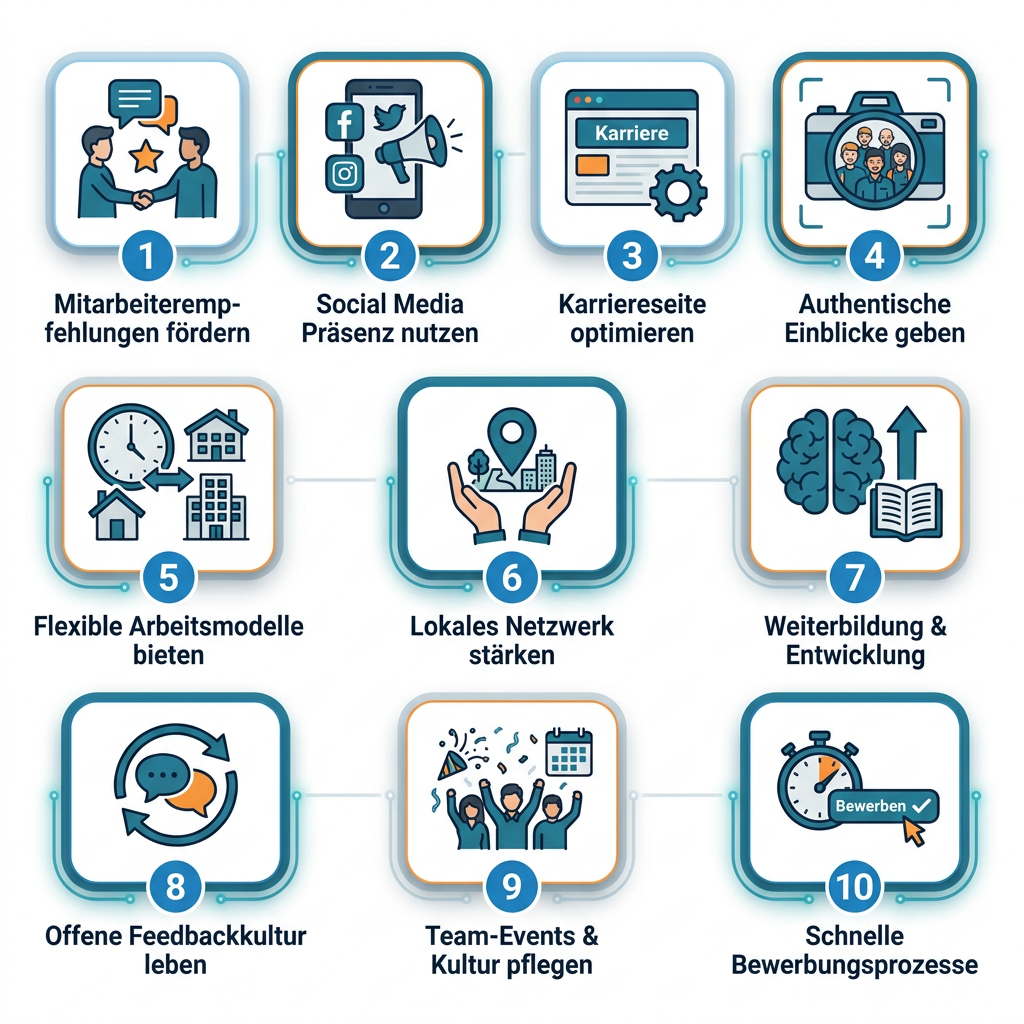Infografik-Stil mit 10 nummerierten Icons, die günstige Employer Branding Maßnahmen für KMU darstellen, moderne Farbpalette in Blau und Orange, klare deutsche Beschriftungen, weißer Hintergrund