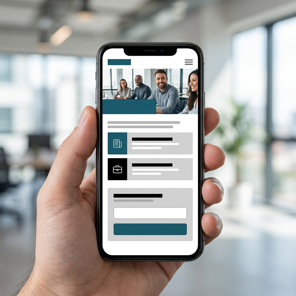 Screenshot-Mockup einer modernen, mobiloptimierten Karriereseite eines deutschen KMU mit echten Mitarbeiterfotos, Stellenanzeigen und einem einfachen Bewerbungsformular, professionelles Design