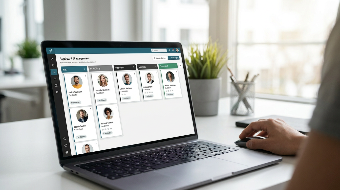 Screenshot-Mockup eines übersichtlichen Bewerbermanagementsystems mit Kanban-Board für den Recruiting-Prozess eines KMU