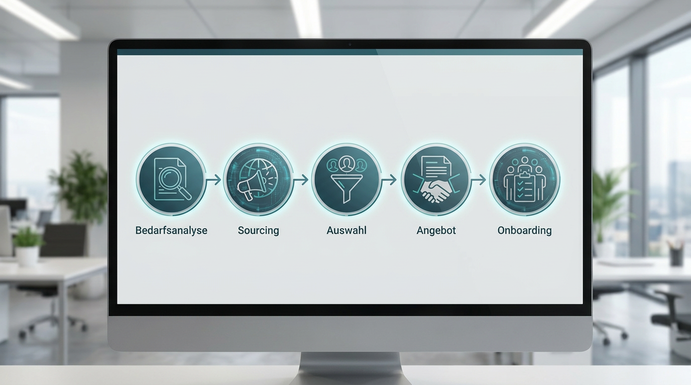 Infografik mit den fünf Kernphasen einer Recruiting Checkliste für KMU, dargestellt als horizontaler Prozessfluss mit Symbolen für jede Phase