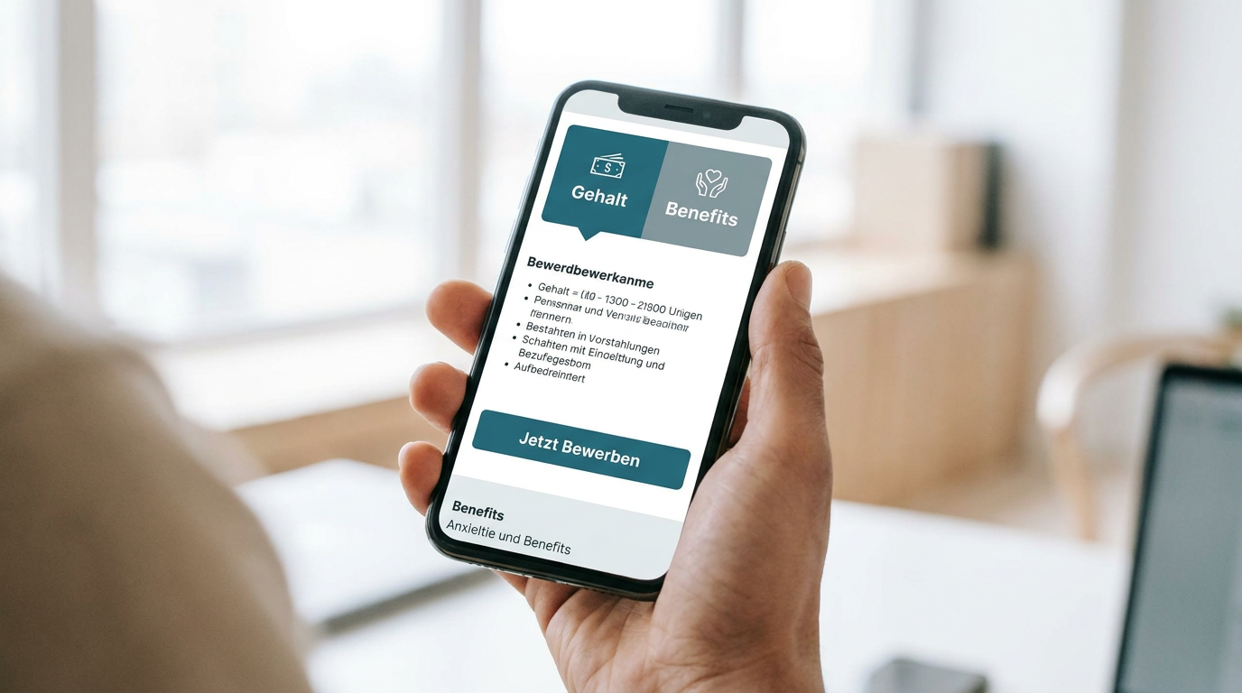 Bildschirmansicht einer modernen Stellenanzeige auf einem Smartphone, die Gehalt und Benefits prominent oben zeigt