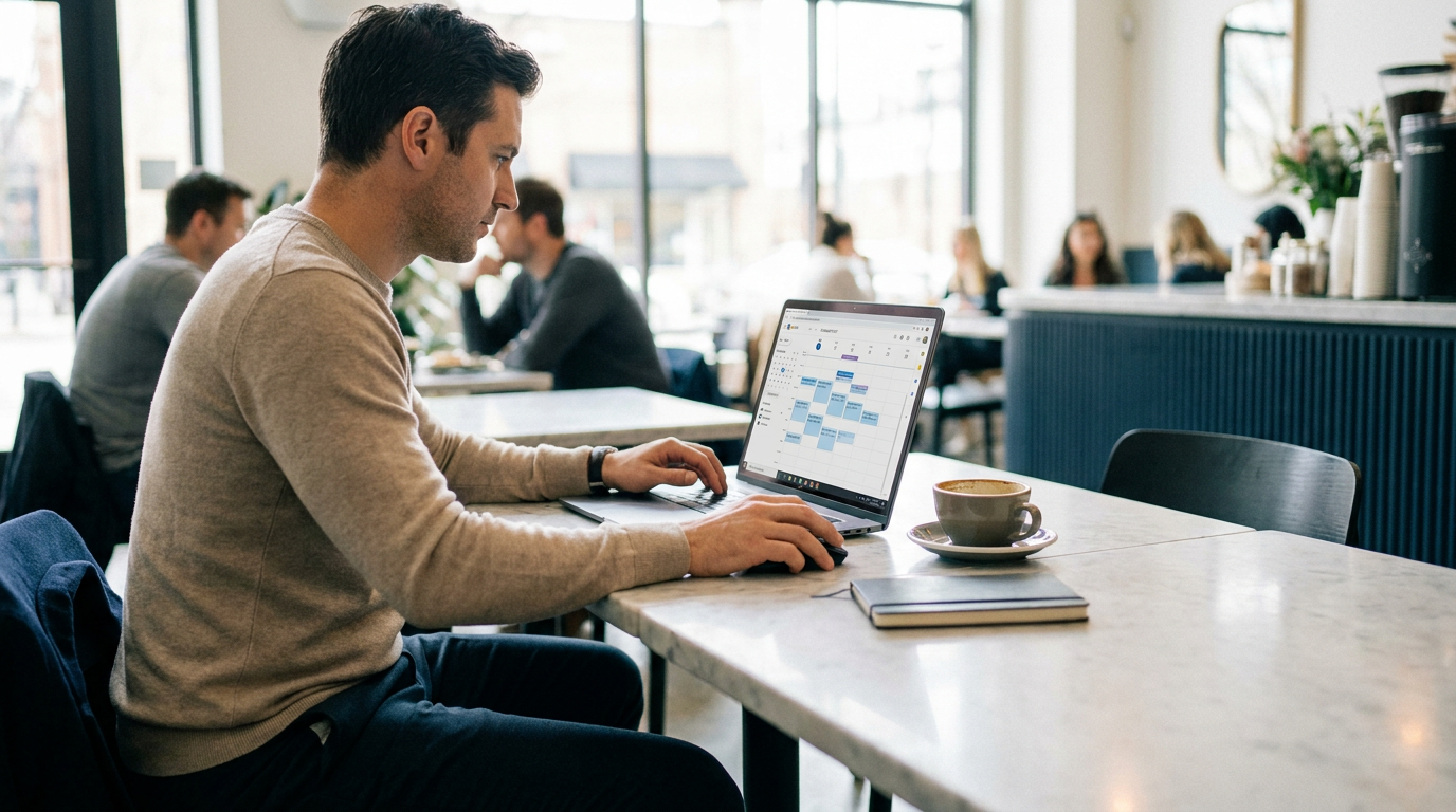 Immobilienmakler arbeitet flexibel am Laptop in einem Café, Kalender-App auf dem Bildschirm sichtbar