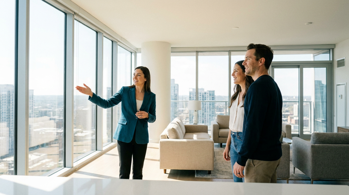 Immobilienmakler bei einer Objektbesichtigung mit Kunden, helles Tageslicht, professionelle Atmosphäre