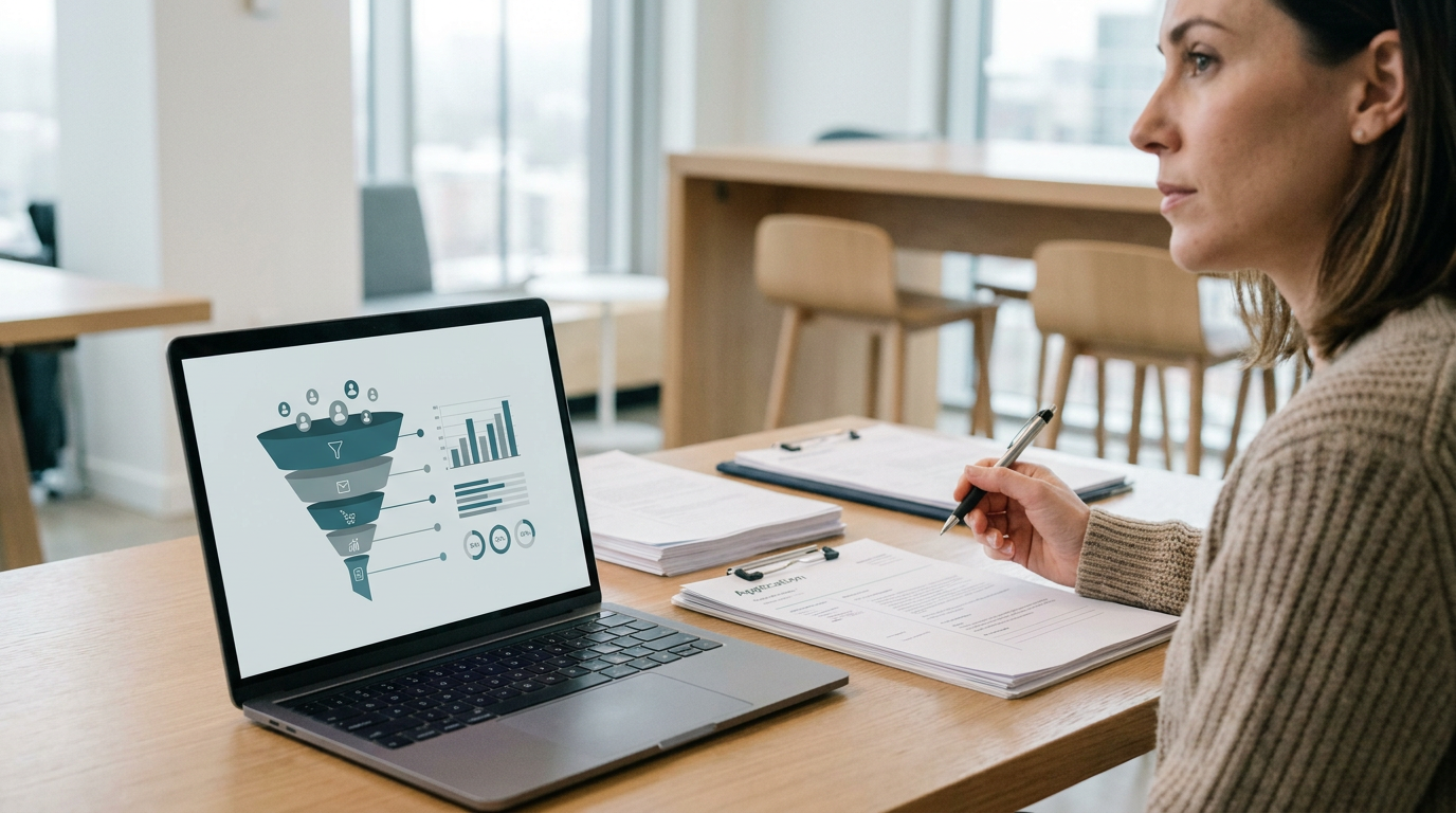 Digitaler Recruiting-Funnel auf einem Laptop-Bildschirm, daneben Bewerbungsunterlagen, modernes Büro
