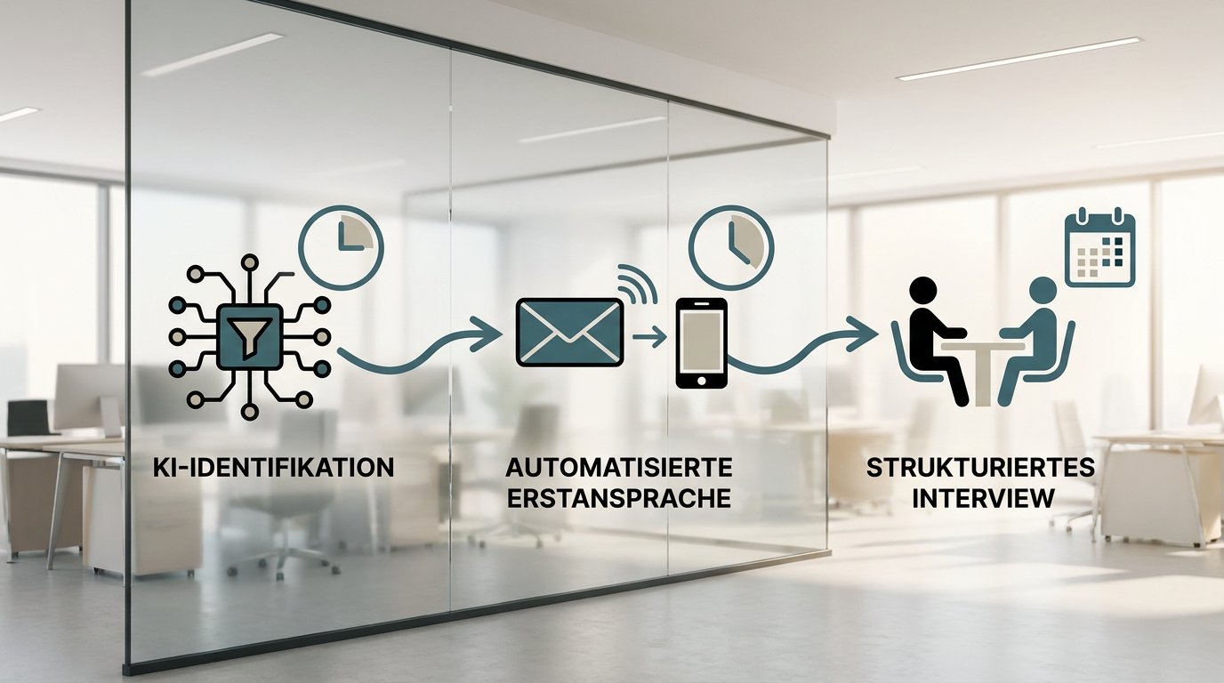 Schematische Darstellung eines Recruiting-Funnels mit drei Stufen: KI-Identifikation, automatisierte Erstansprache und strukturiertes Interview, jeweils mit Zeitangaben in Tagen