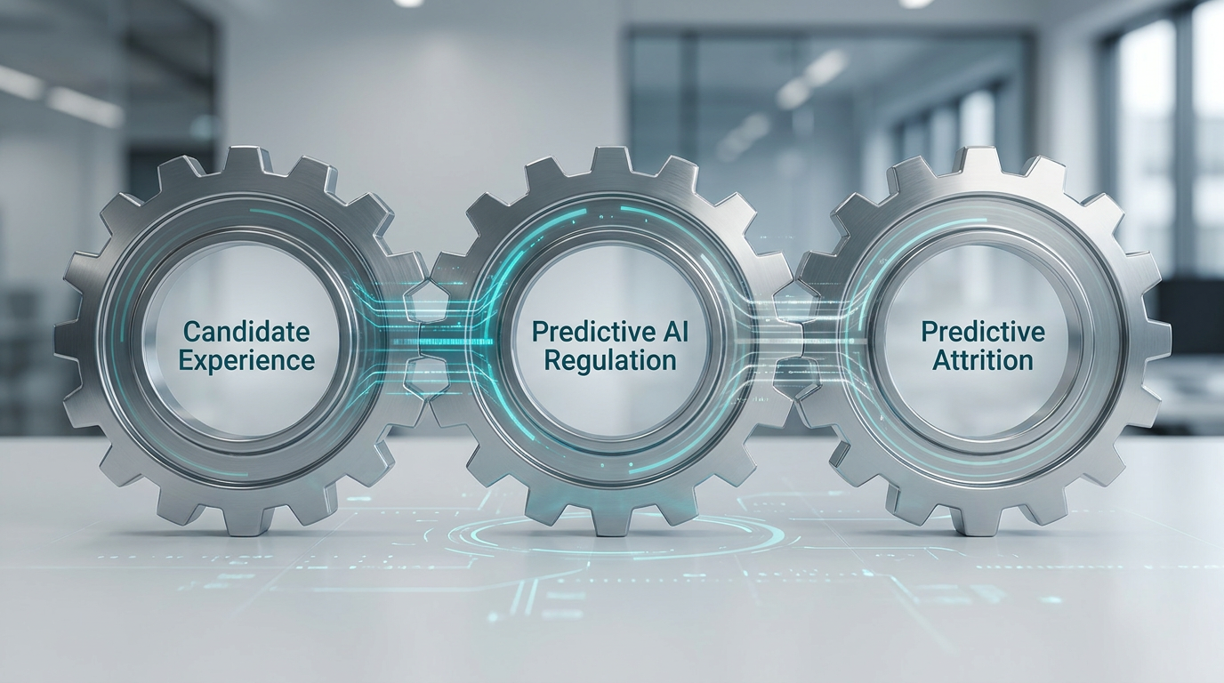 Infografik mit den drei dominierenden Recruiting Trends 2026: KI-Regulierung, Candidate Experience und Predictive Attrition, dargestellt als verbundene Zahnräder