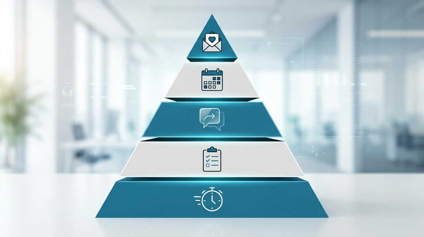 Infografik mit den fünf Hebeln der Candidate Experience, dargestellt als Pyramide mit Reaktionsgeschwindigkeit an der Basis und wertschätzenden Absagen an der Spitze