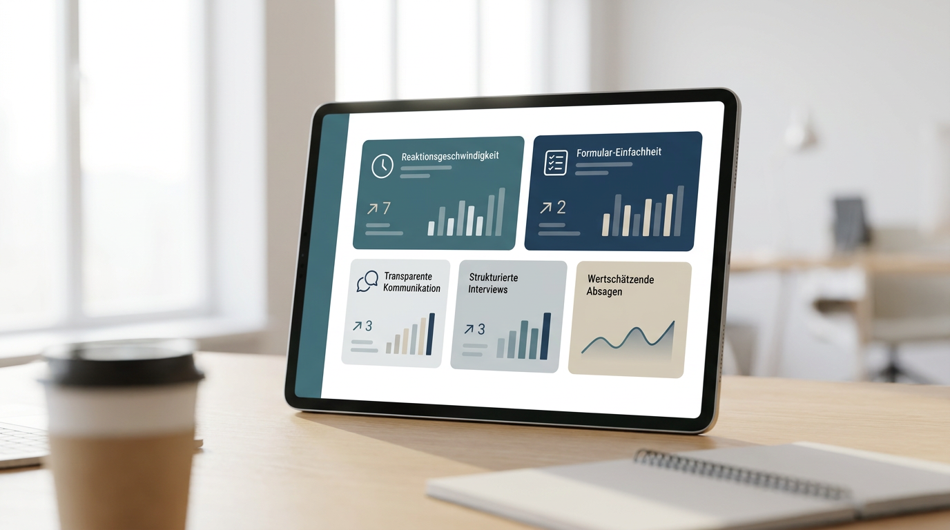 Dashboard-Mockup mit den fünf Metriken der Candidate-Experience-Messung, dargestellt als Kacheln mit Beispielwerten und Trend-Pfeilen