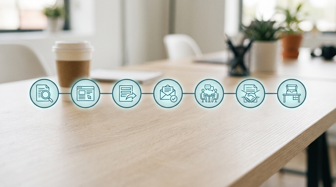 Zeitleiste der 7 Touchpoints der Candidate Journey mit Icons für jeden Kontaktpunkt, von der Stellenanzeige links bis zum Onboarding-Übergang rechts