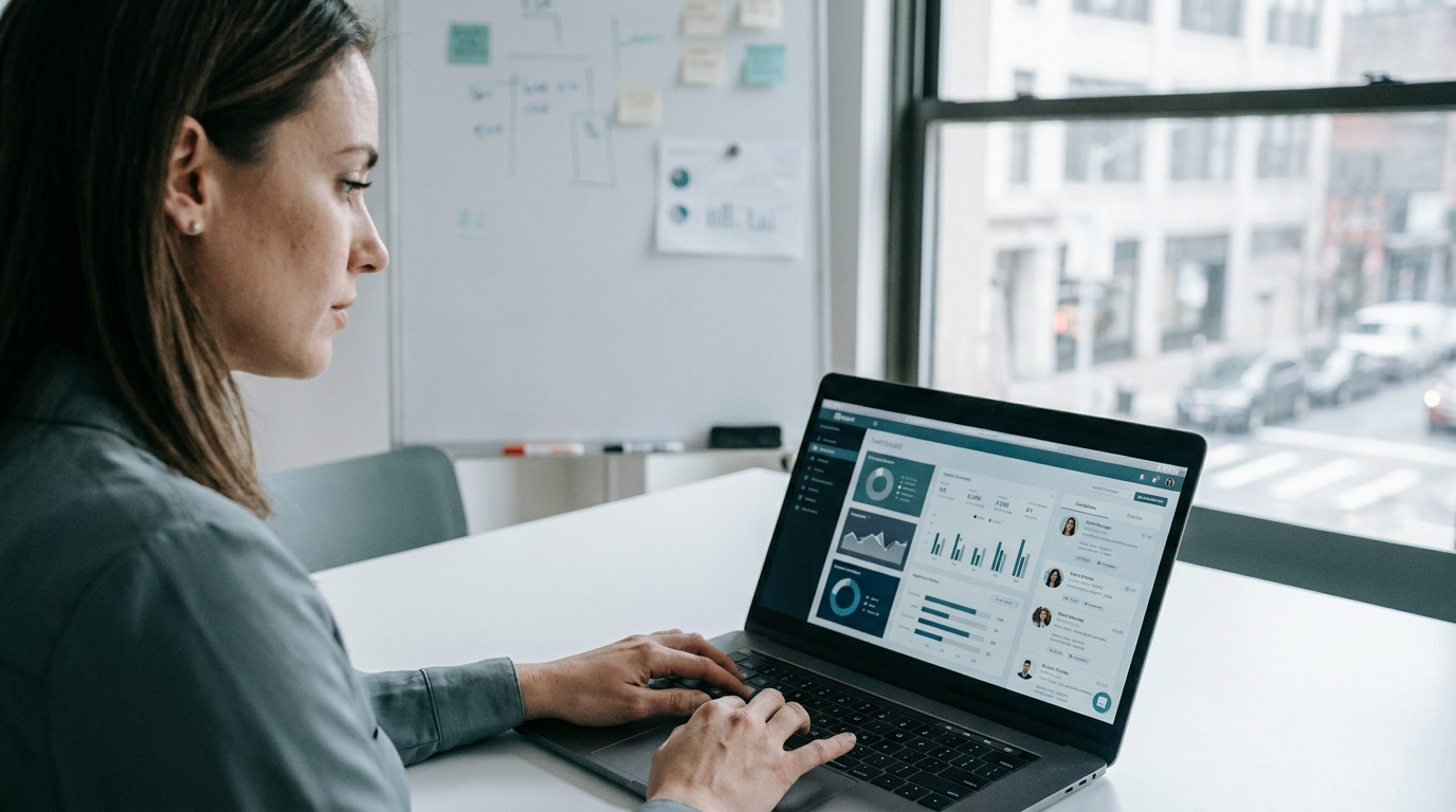 HR-Managerin im Mittelstand nutzt ein KI-gestütztes Bewerbermanagement-System auf einem Laptop, im Hintergrund ein Besprechungsraum