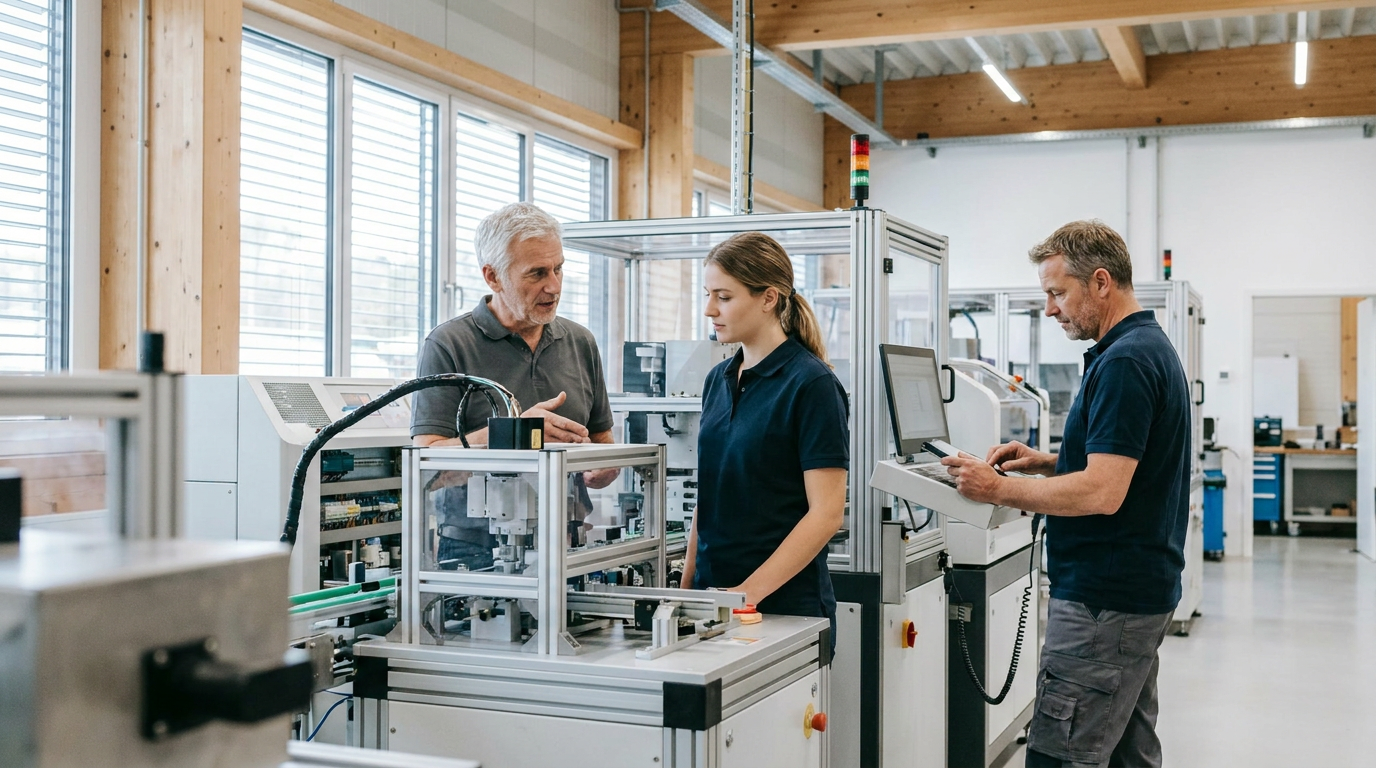 Mittelständisches Produktionsunternehmen mit gemischtem Team unterschiedlicher Altersgruppen an einem modernen Arbeitsplatz in Deutschland